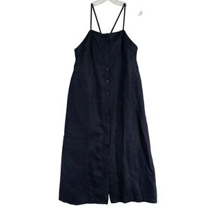 Muji Midi Dress Sz Medium Navy Blue Linen Silk Blend Button Up Minimalist Summer